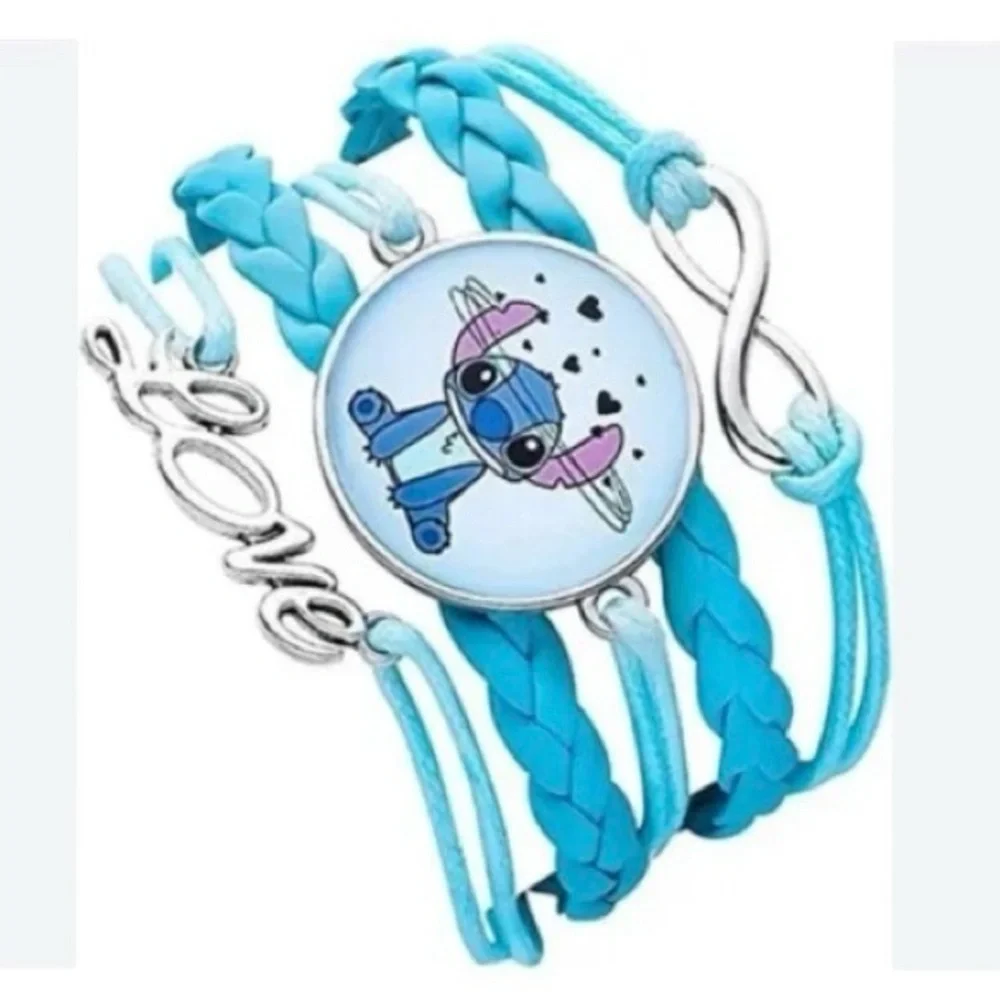 Adjustable blue faux-leather multi braided bracelet Stitch Love charm girls new